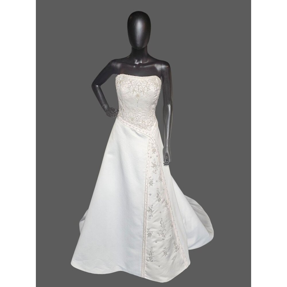 Vintage White/Blush Accent Asymetric A-Line Satin Wedding Gown - Mori Lee
